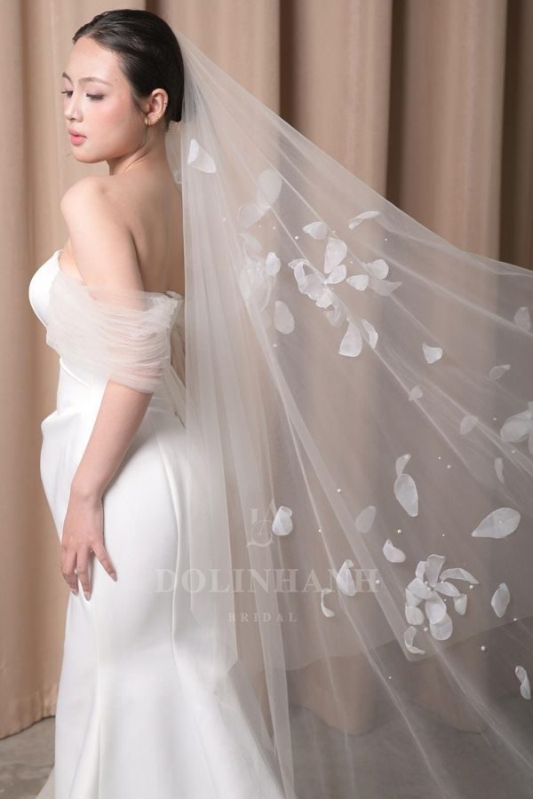 V47 cathedral petal wedding veil with tiny pearls
