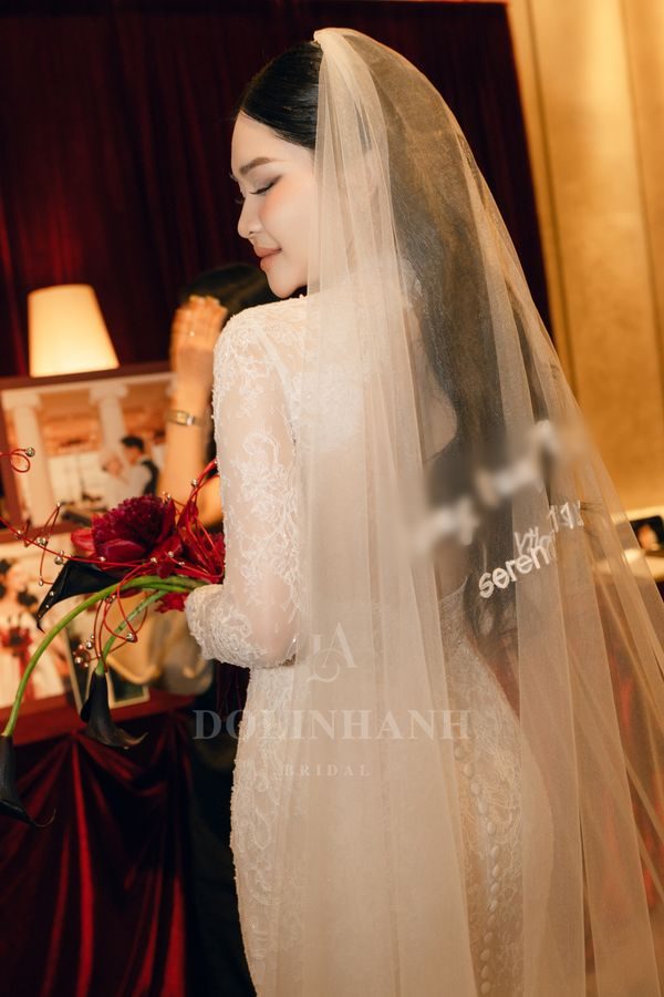 The Lotus personalised embroidered cathedral wedding veil seen from behind