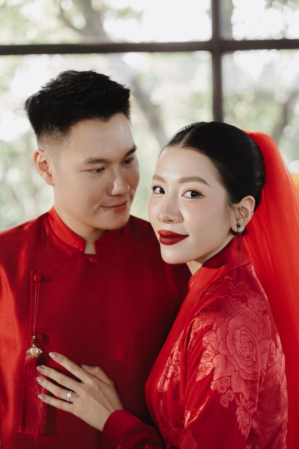 Real bride wearing The Red River — Red Tulle Veil for Ao Dai