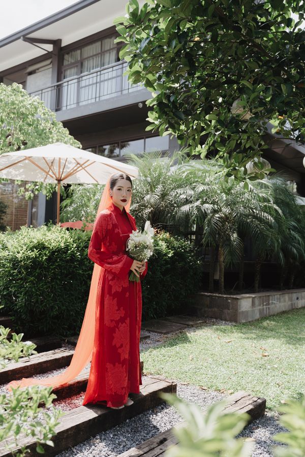 Real bride wearing The Red River — Red Tulle Veil for Ao Dai